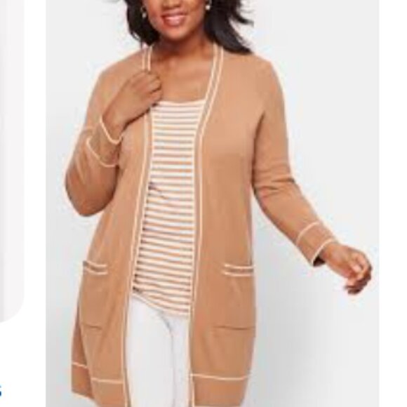 Talbots Sweaters - Talbots Camel Open Front Tipped Cardigan Size Medium